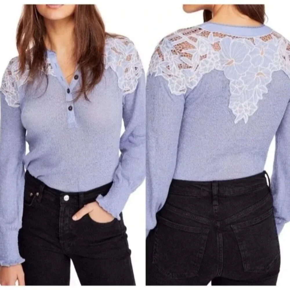 Free People Top Easy Breezy Lace Large Floral Applique Henley Long Sleeve Knit - Picture 1 of 14